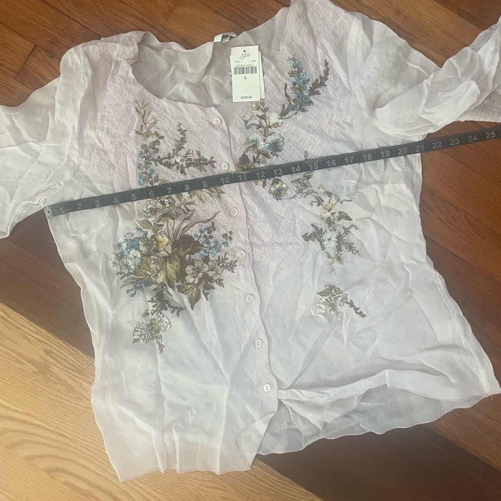 J Jill embroidered semi sheer button up quarter sleeve lavender blush floral top - Picture 9 of 9